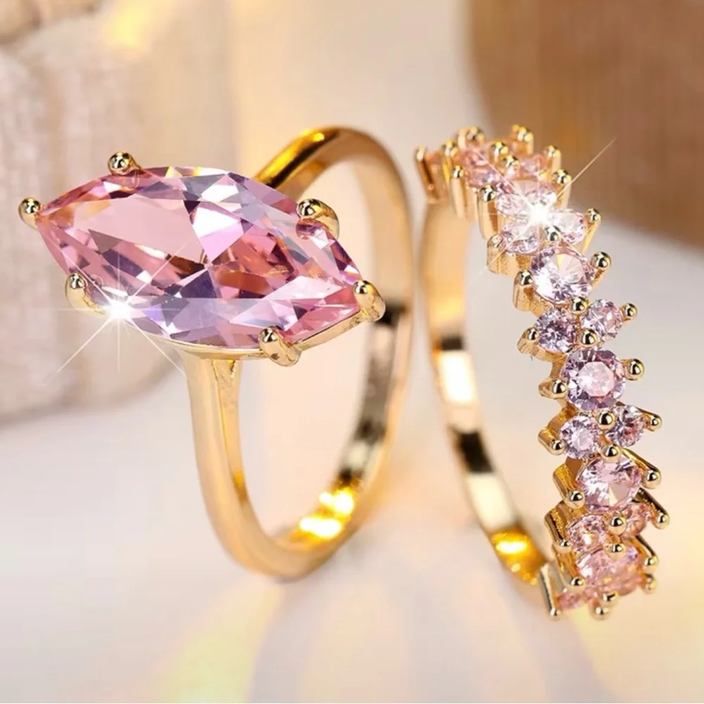 NEW Gold Marquise Cut Pink Stone CZ Wedding Ring Set - SIZE 8